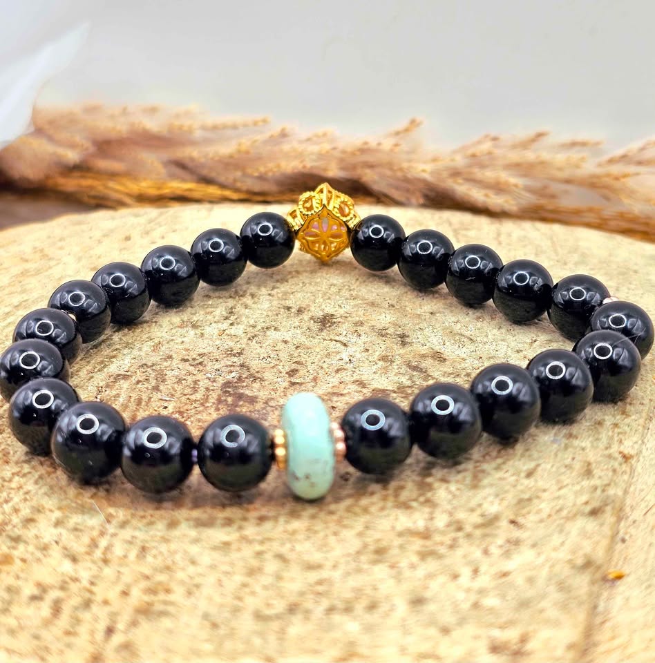Black obsidian bracelet with turquoise donut and gold opal charm, 10mm natural crystal beads. My Aura Gemstones