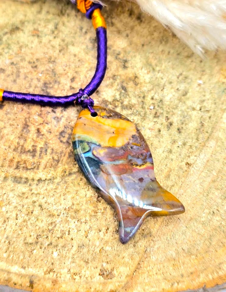Ocean jasper agate colorful fish pendant necklace size reference — My Aura Gemstones