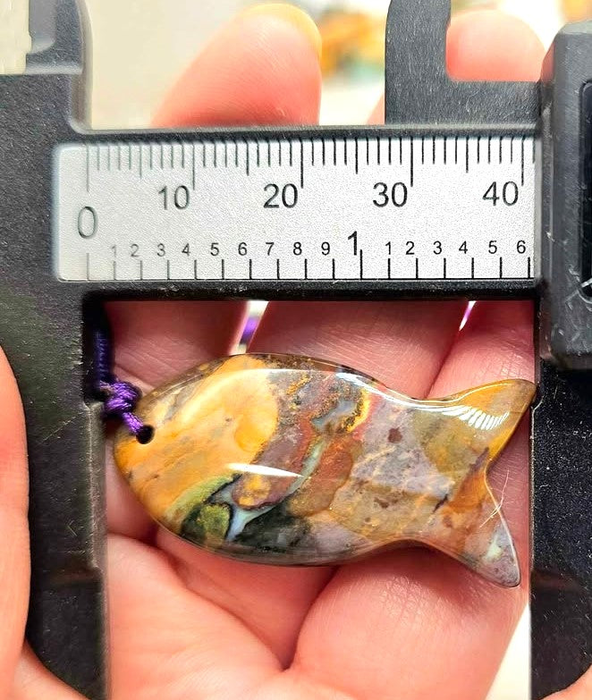 Ocean jasper agate colorful fish pendant necklace size reference — My Aura Gemstones