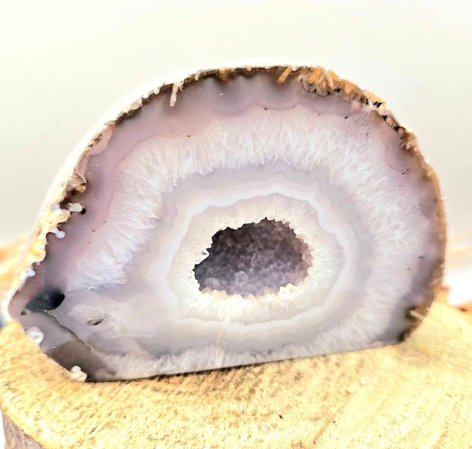 Natural druzy geode crystal with sparkling cavern displayed on white background, polished slice showing layered mineral bands-My Aura Gemstones