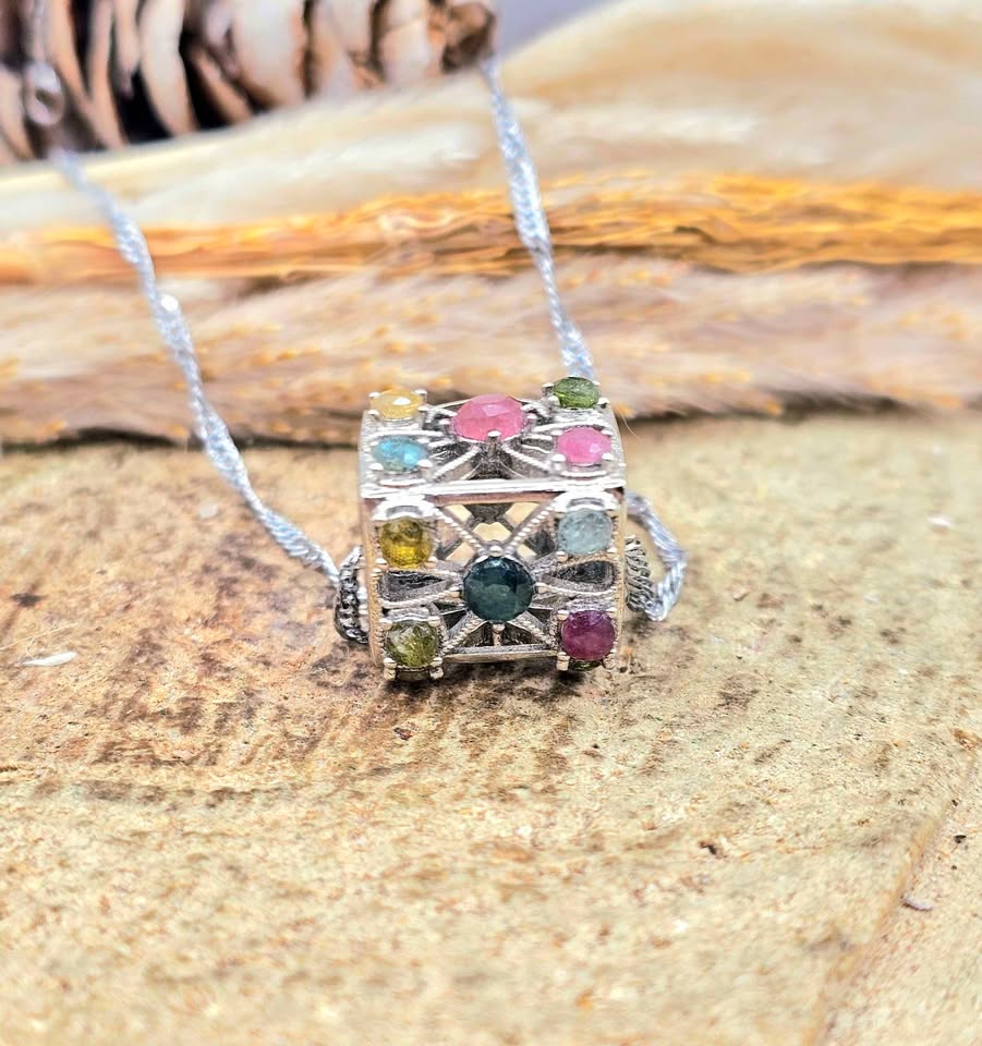 Natural rainbow faceted tourmaline rectangular cage crystal pendant necklace — My Aura Gemstones