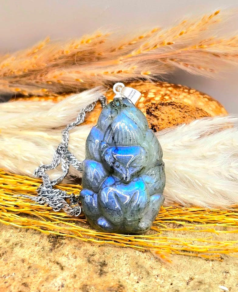 Natural labradorite carved standing nine tails fox with spreading tails crystal pendant necklace — My Aura Gemstones