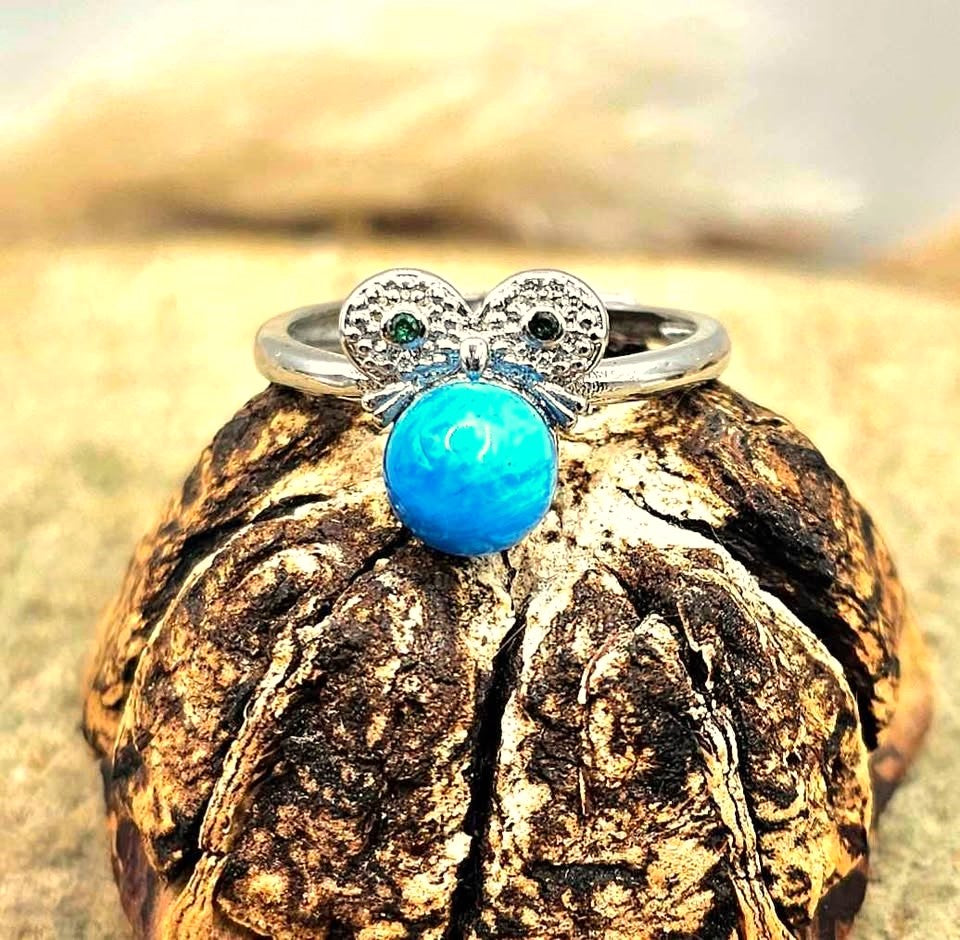Natural Blue Apatite Owl Adjustable Ring featuring a genuine blue gemstone with a detailed silver-tone owl design.