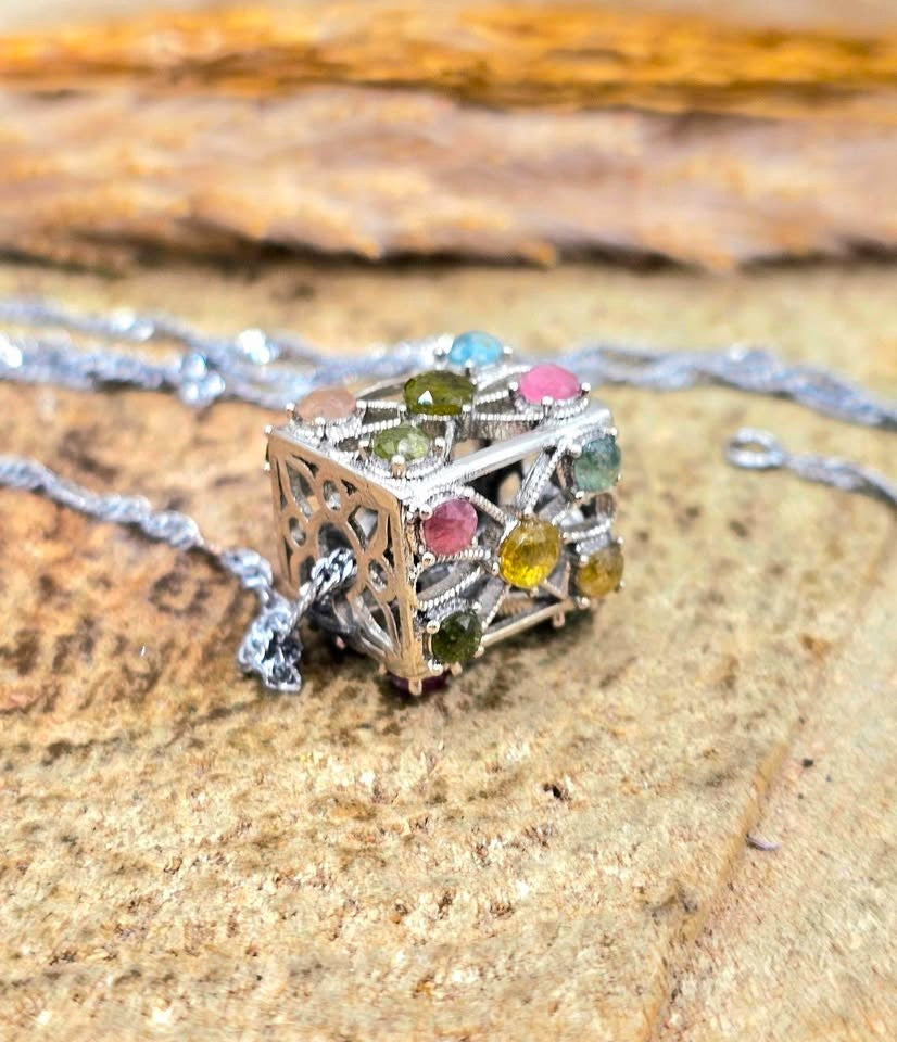 Natural rainbow faceted tourmaline rectangular cage crystal pendant necklace — My Aura Gemstones