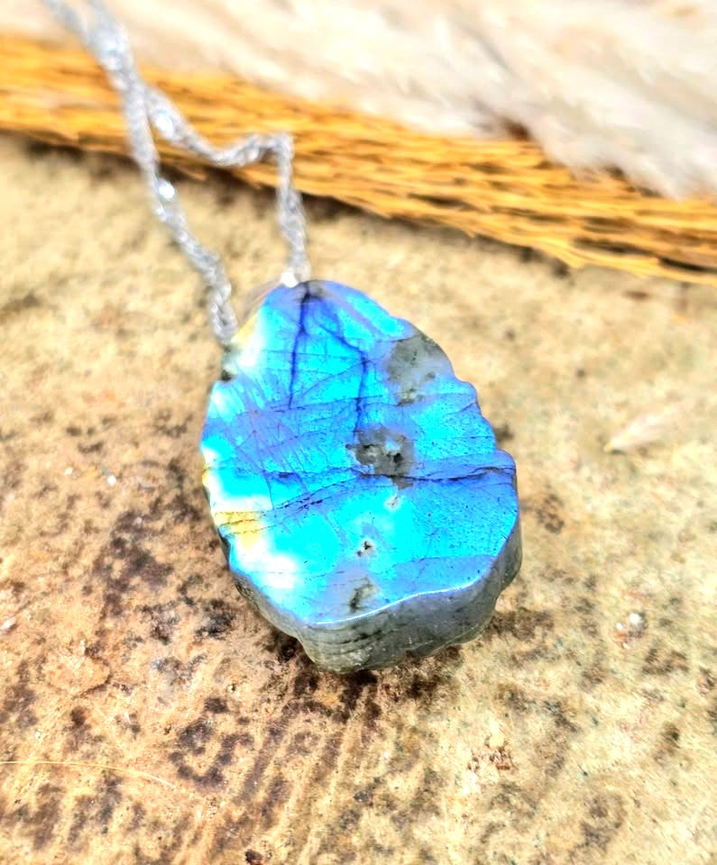 Natural labradorite carved standing nine tails fox with spreading tails crystal pendant necklace — My Aura Gemstones