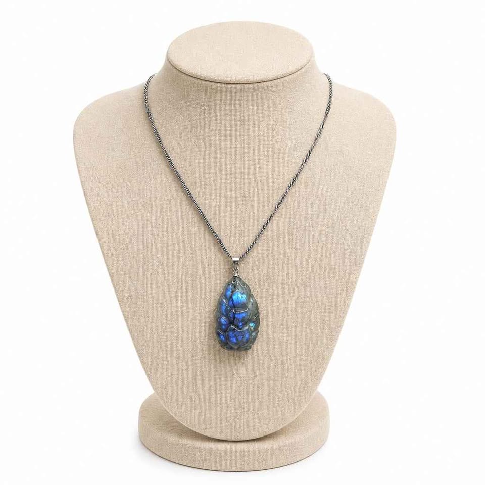 Natural labradorite carved standing nine tails fox with spreading tails crystal pendant necklace — My Aura Gemstones