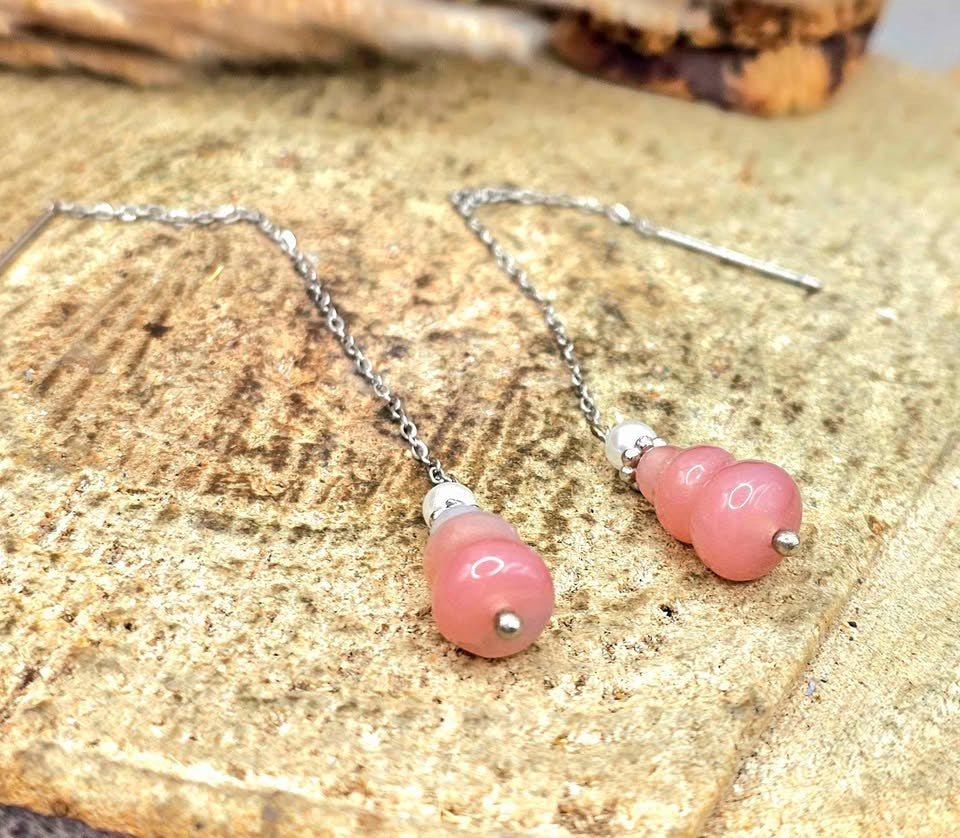 Pink agate blessing gourd dangle earrings with long silver chain threader