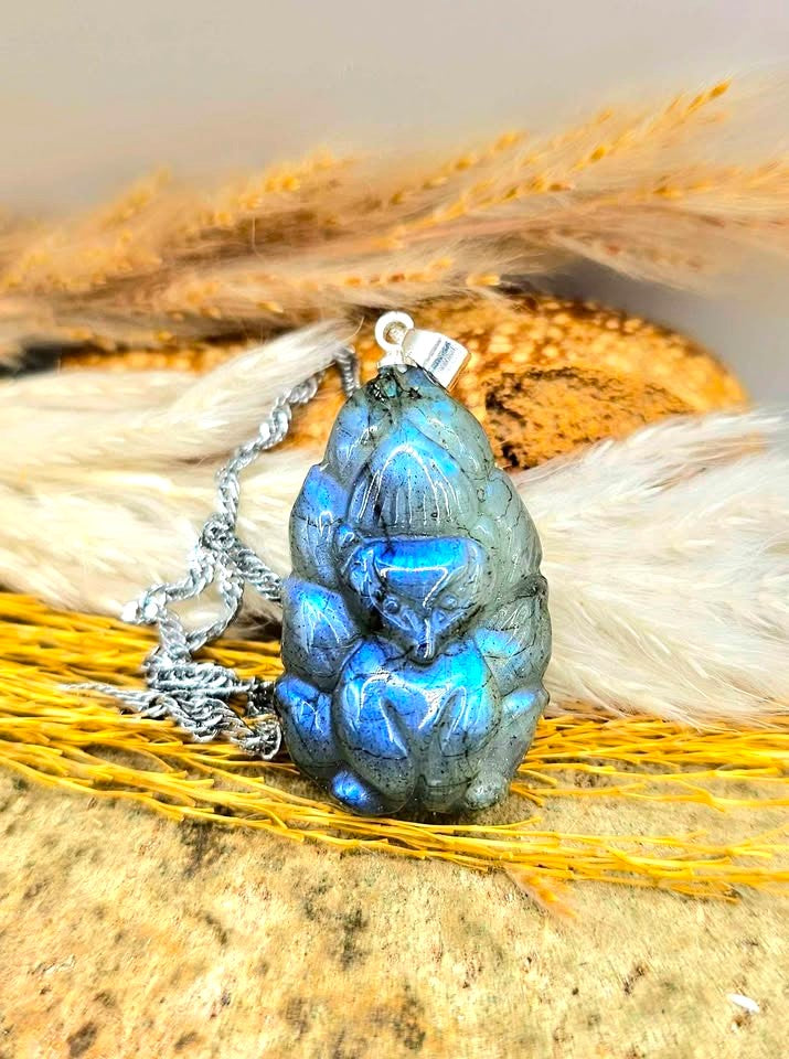 Natural labradorite carved standing nine tails fox with spreading tails crystal pendant necklace — My Aura Gemstones