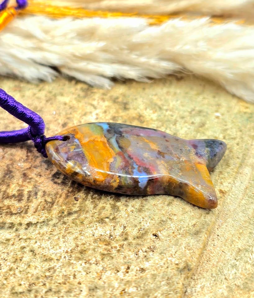 Ocean jasper agate colorful fish pendant necklace size reference — My Aura Gemstones