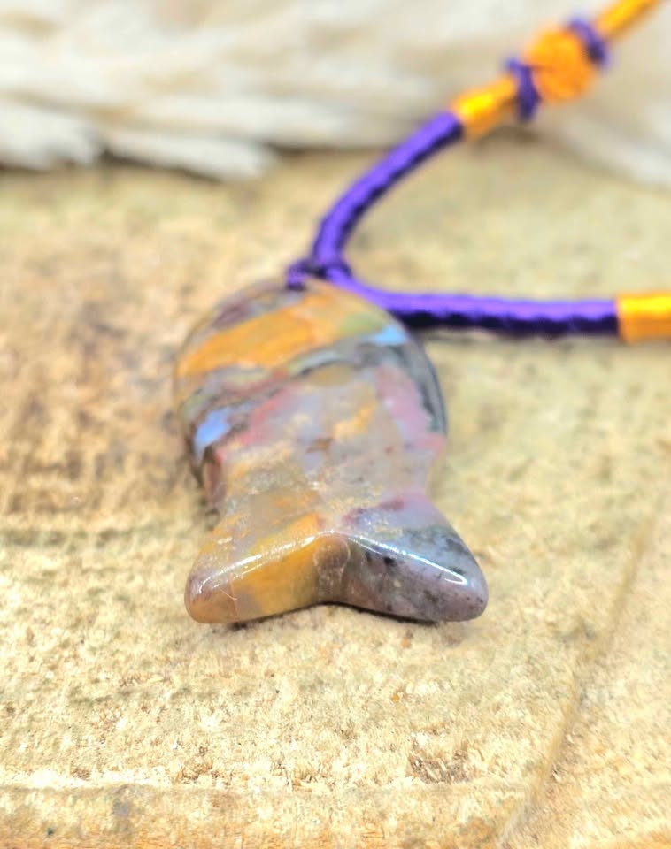 Ocean jasper agate colorful fish pendant necklace size reference — My Aura Gemstones