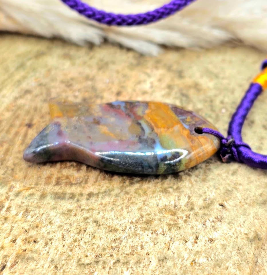 Ocean jasper agate colorful fish pendant necklace size reference — My Aura Gemstones