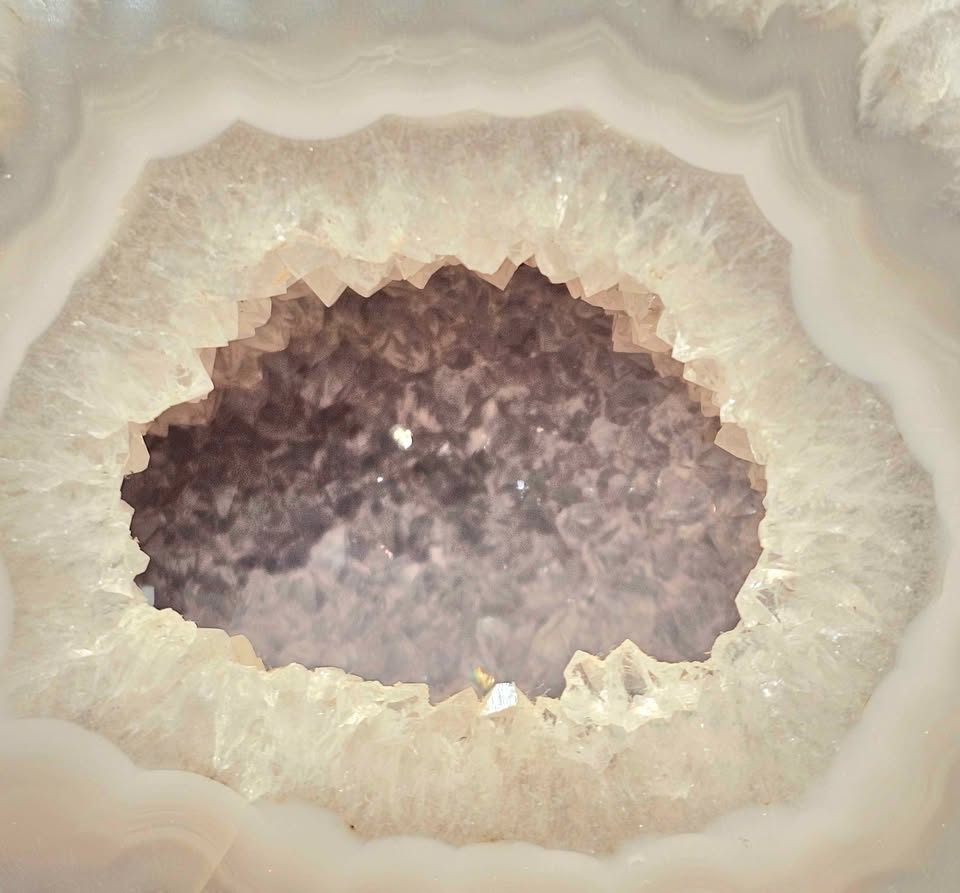 Natural druzy geode crystal with sparkling cavern displayed on white background, polished slice showing layered mineral bands-My Aura Gemstones