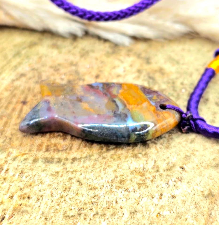 Ocean jasper agate colorful fish pendant necklace size reference — My Aura Gemstones