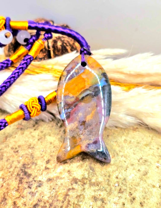 Ocean jasper agate colorful fish pendant necklace size reference — My Aura Gemstones