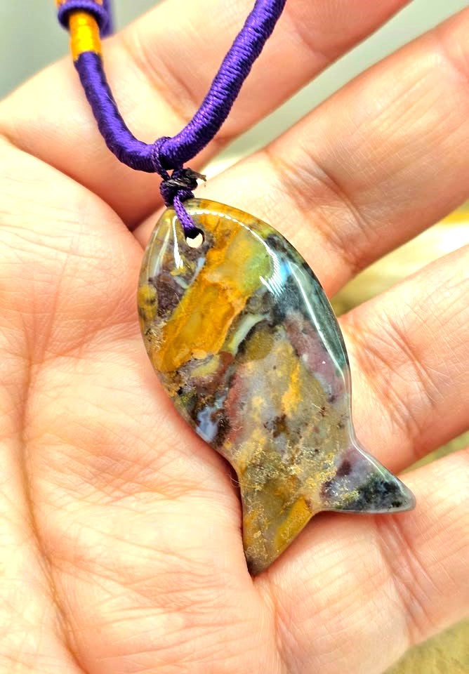 Ocean jasper agate colorful fish pendant necklace size reference — My Aura Gemstones
