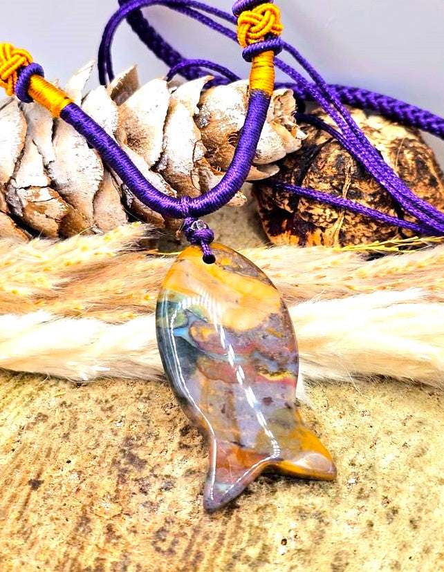 Ocean jasper agate colorful fish pendant necklace size reference — My Aura Gemstones