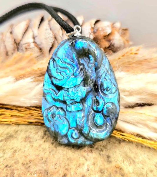 Natural labradorite hand-carved flying dragon crystal pendant necklace — My Aura Gemstones