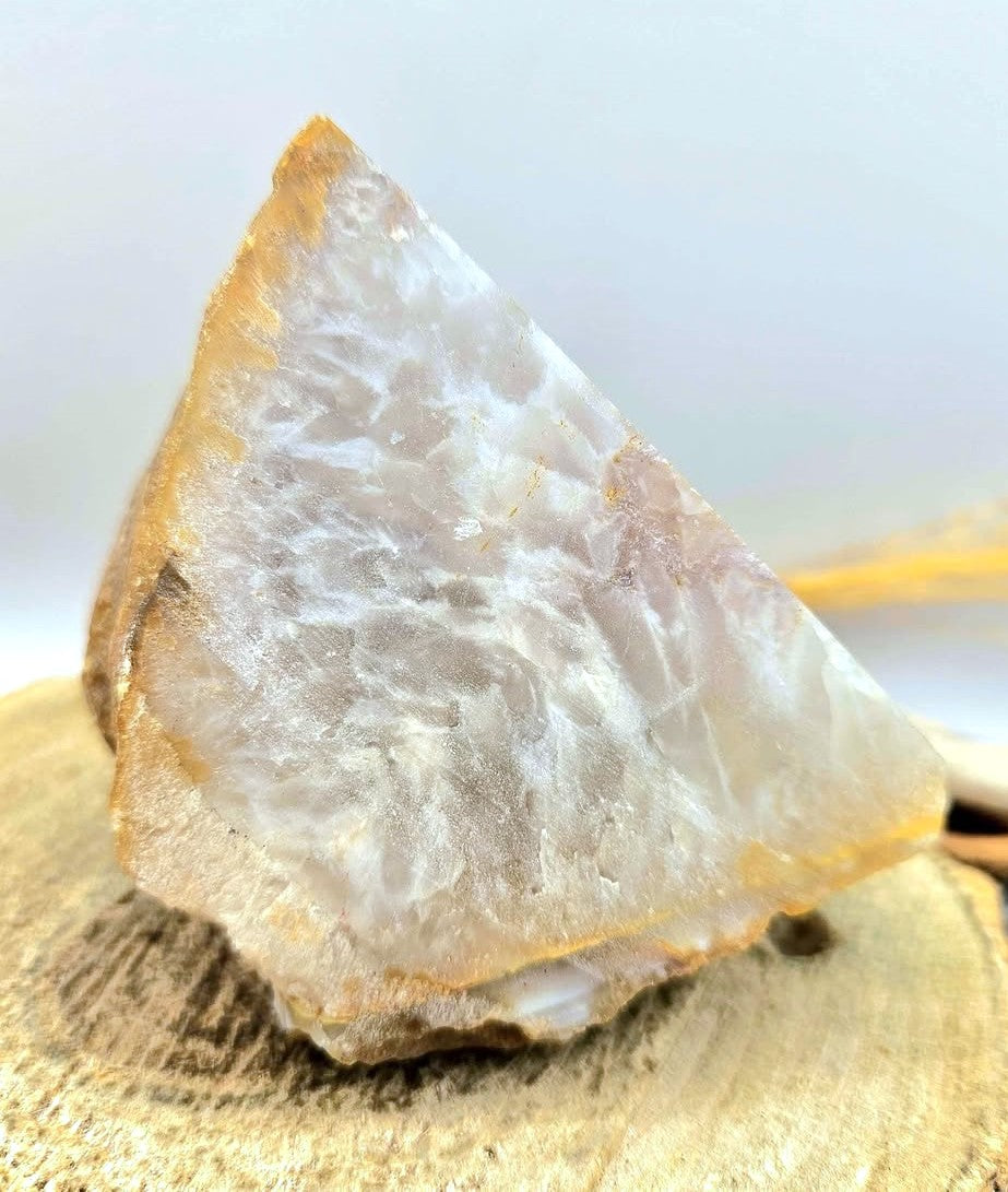 Natural quartz geode specimen with tan rough outer crust and sparkling white druzy crystal interior, standing upright.