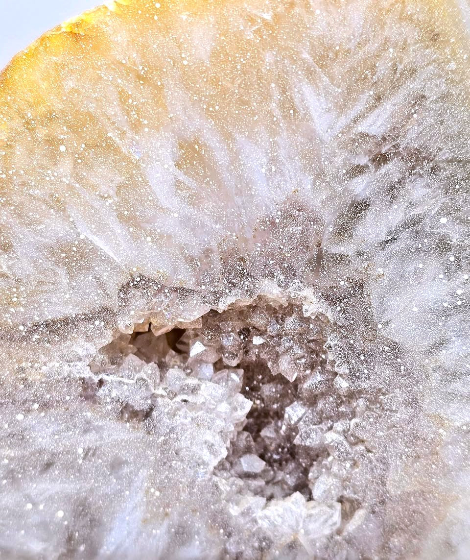 Natural quartz geode specimen with tan rough outer crust and sparkling white druzy crystal interior, standing upright.