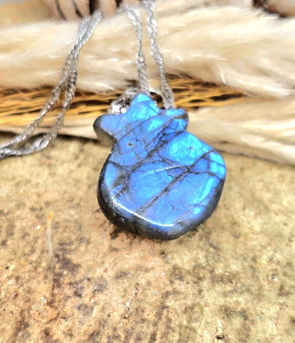 Natural labradorite heart with crown crystal pendant necklace — My Aura Gemstones