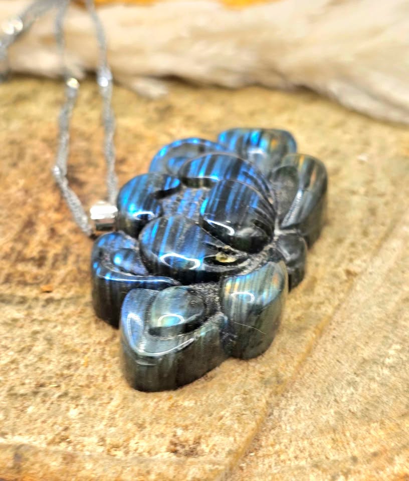 Labradorite carved flashy lotus pendant necklace alternate angle — My Aura Gemstones
