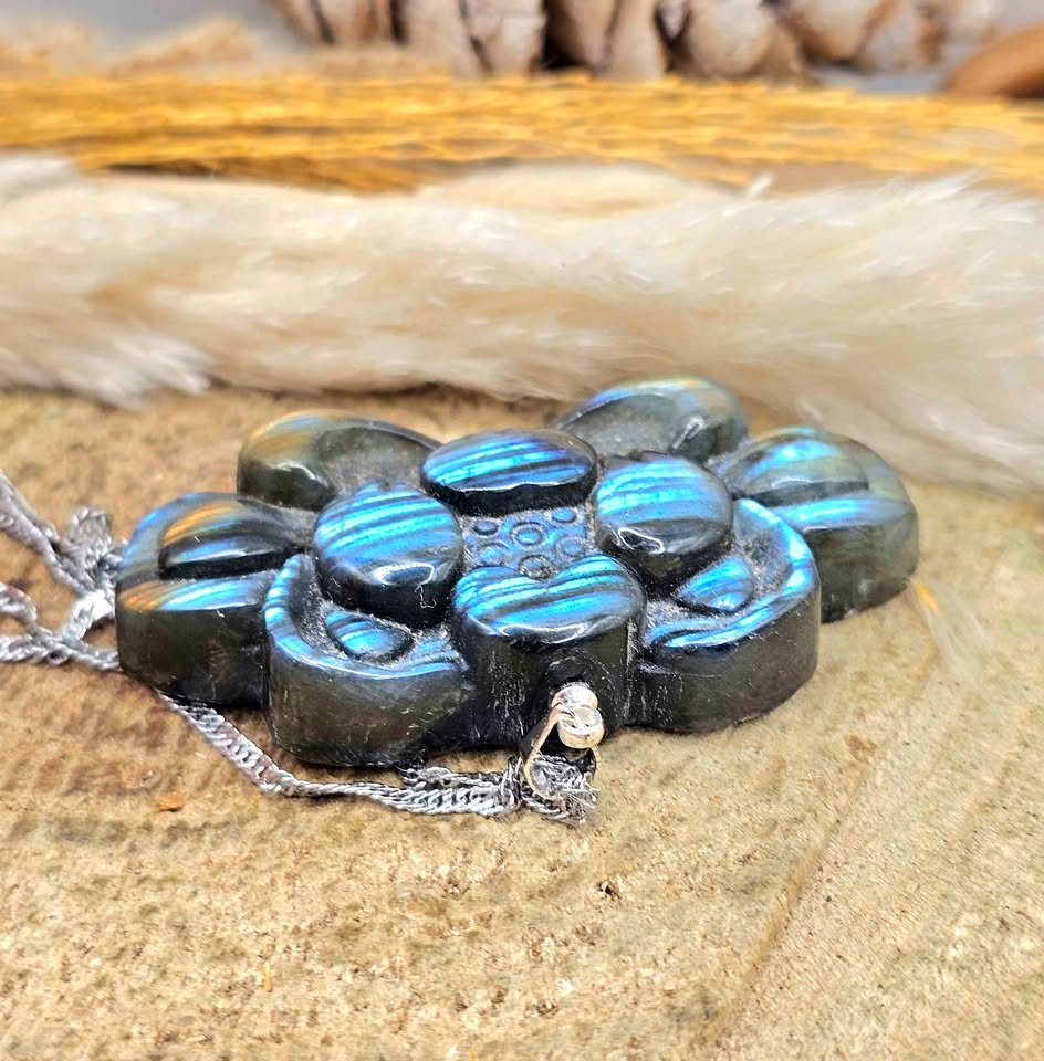 Labradorite carved flashy lotus pendant necklace alternate angle — My Aura Gemstones