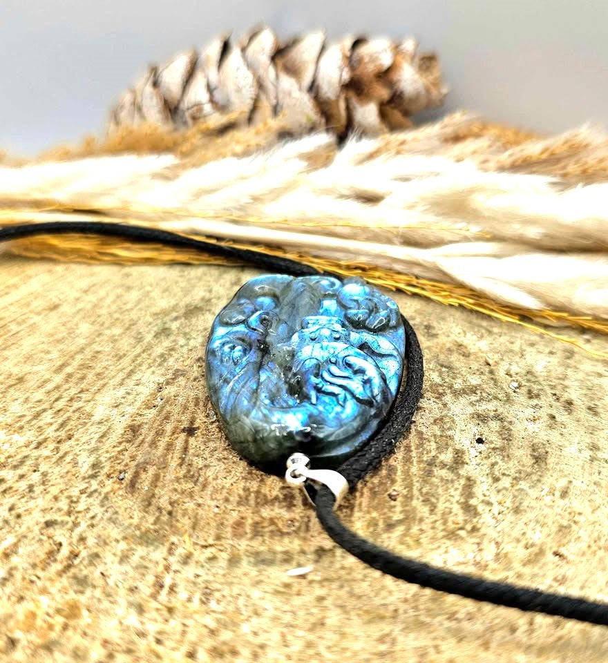 Natural labradorite hand-carved flying dragon crystal pendant necklace — My Aura Gemstones