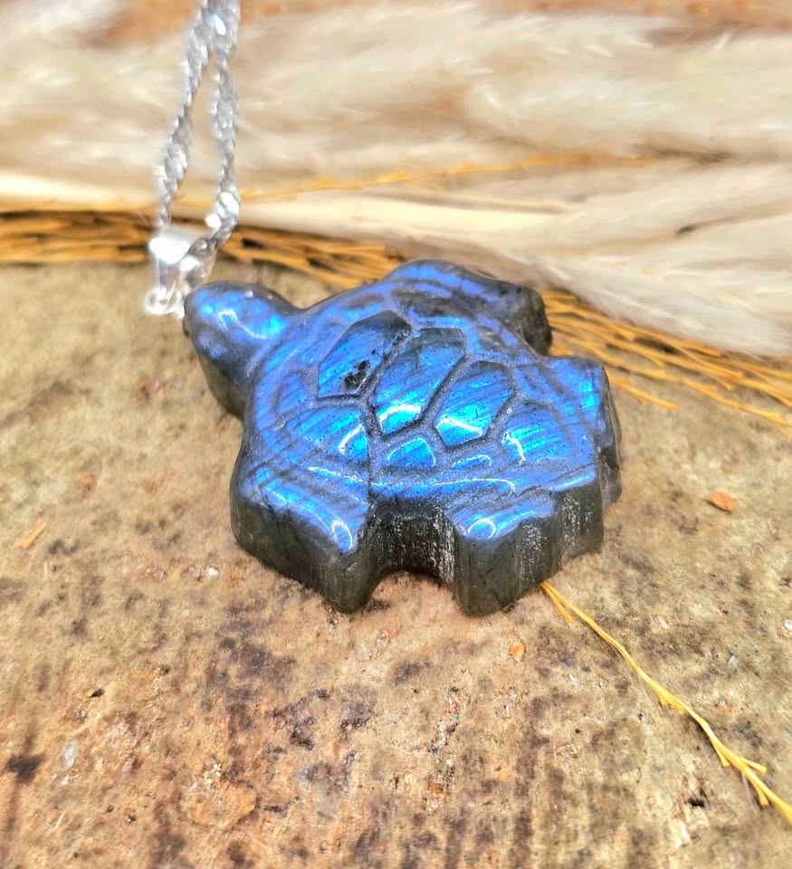 Labradorite carved sea turtle pendant necklace iridescent flash — My Aura Gemstones