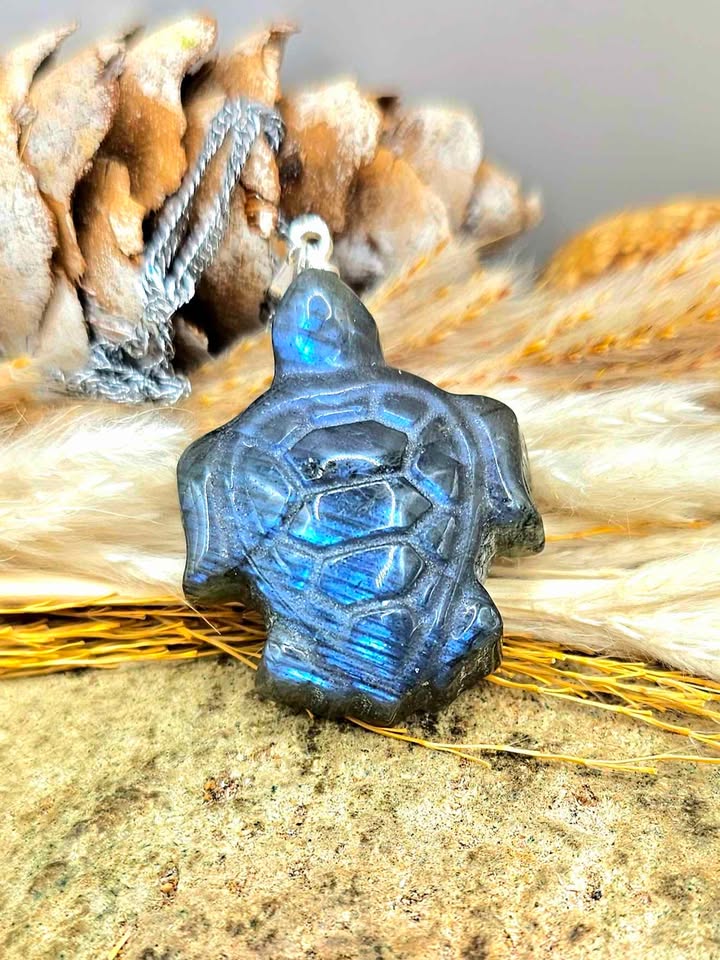 Labradorite carved sea turtle pendant necklace iridescent flash — My Aura Gemstones