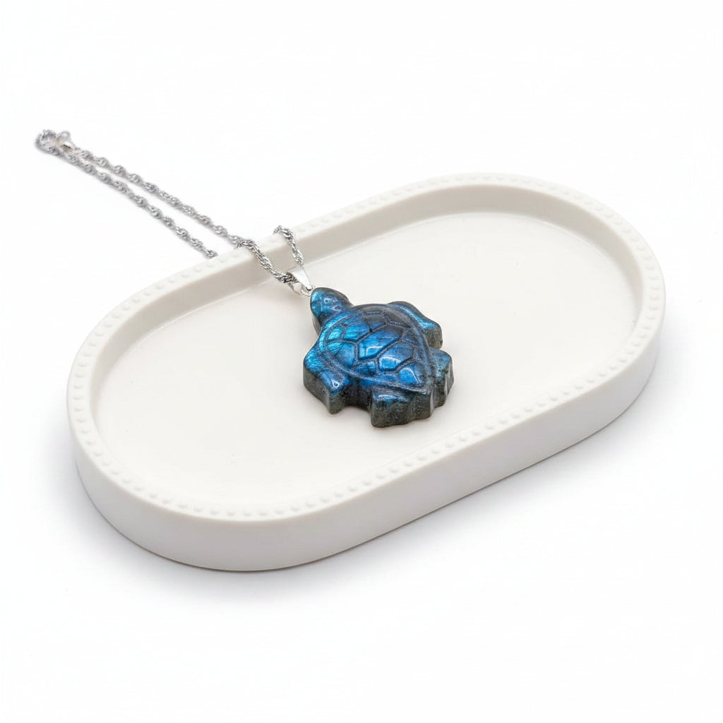 Labradorite carved sea turtle pendant necklace iridescent flash — My Aura Gemstones