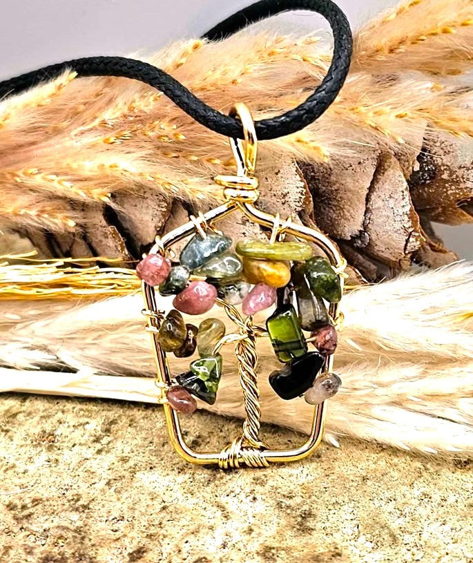 Hand‑crafted tourmaline crystal tree pendant with mixed‑color gemstone chips in a gold‑tone frame - My Aura Gemstones