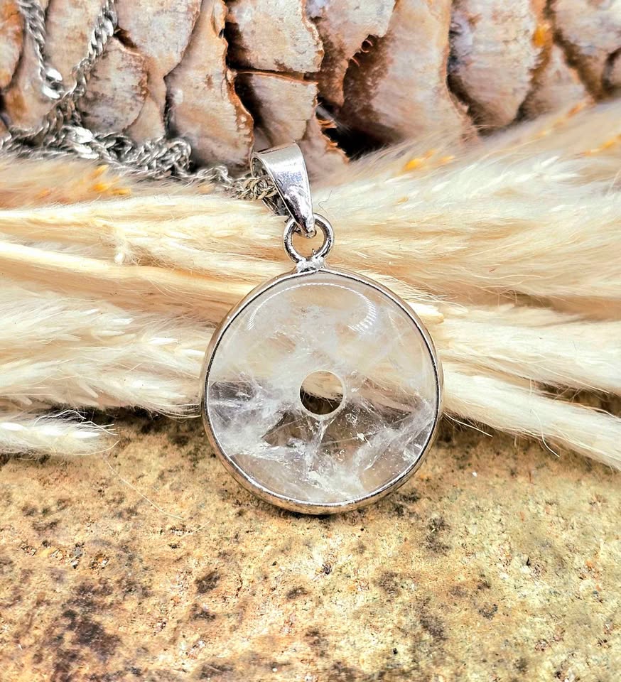 Natural clear crystal donut pendant with metal wrap, Ping An Kou peace amulet necklace, 0.7 inch-My Aura Gemstones