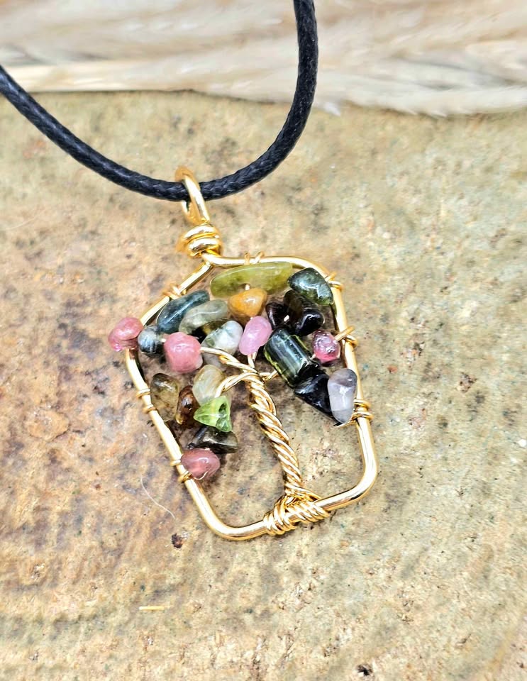 Hand‑crafted tourmaline crystal tree pendant with mixed‑color gemstone chips in a gold‑tone frame - My Aura Gemstones