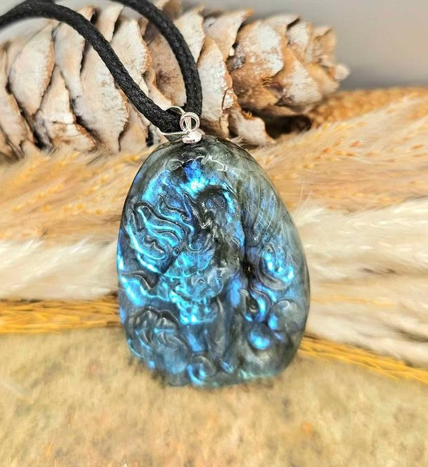 Natural labradorite hand-carved flying dragon crystal pendant necklace — My Aura Gemstones