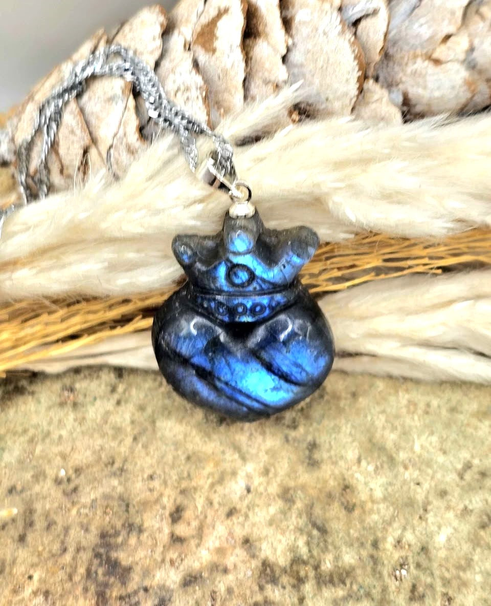 Natural labradorite heart with crown crystal pendant necklace — My Aura Gemstones