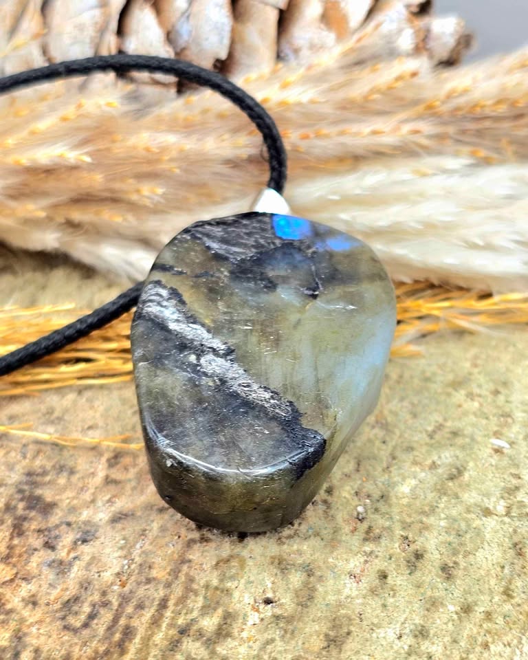 Natural labradorite flashy skull pendant necklace additional detail view — My Aura Gemstones