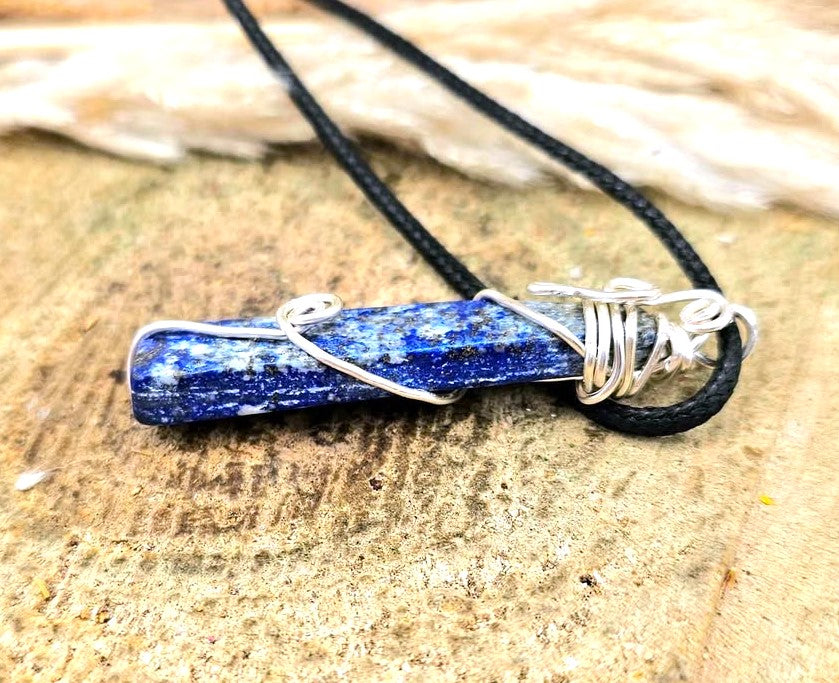 Natural lapis lazuli bar pendant with blue, grey, and gold pyrite tones, wrapped in handcrafted silver wire, 2.1-inch gemstone necklace -My Aura Gemstones 