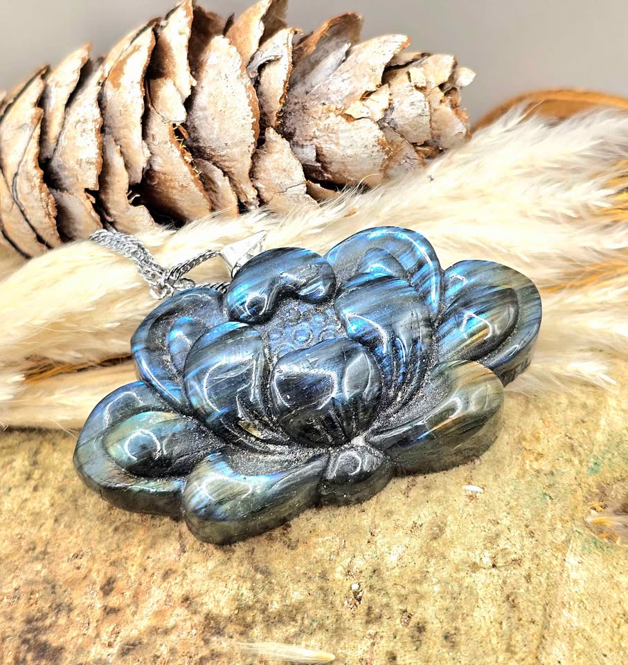Labradorite carved flashy lotus pendant necklace alternate angle — My Aura Gemstones