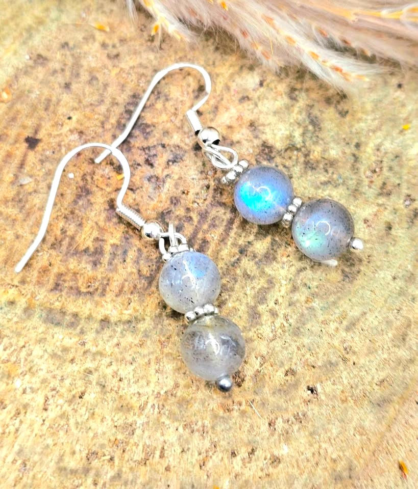 Natural labradorite flashy double round beads 925 dangle crystal earring — My Aura Gemstones