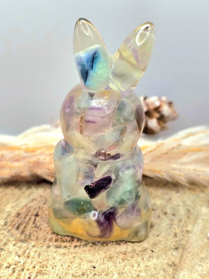 Natural Fluorite Crystal chips blessing rabbit crystal decor figure gift back view — My Aura Gemstones