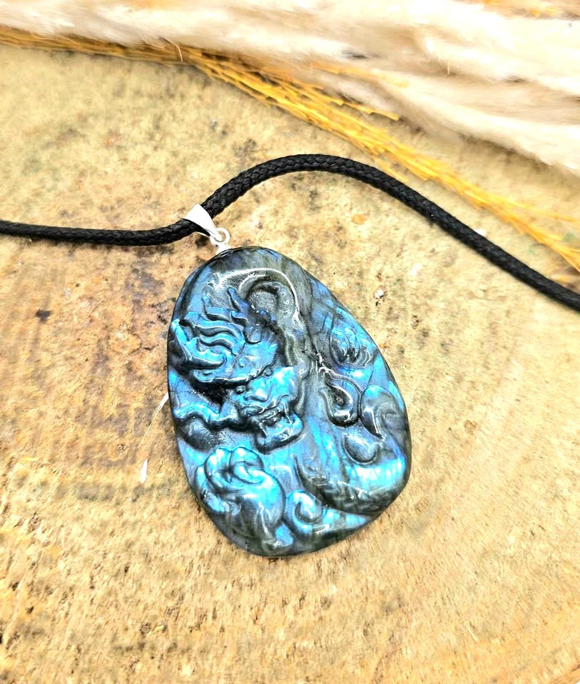 Natural labradorite hand-carved flying dragon crystal pendant necklace — My Aura Gemstones