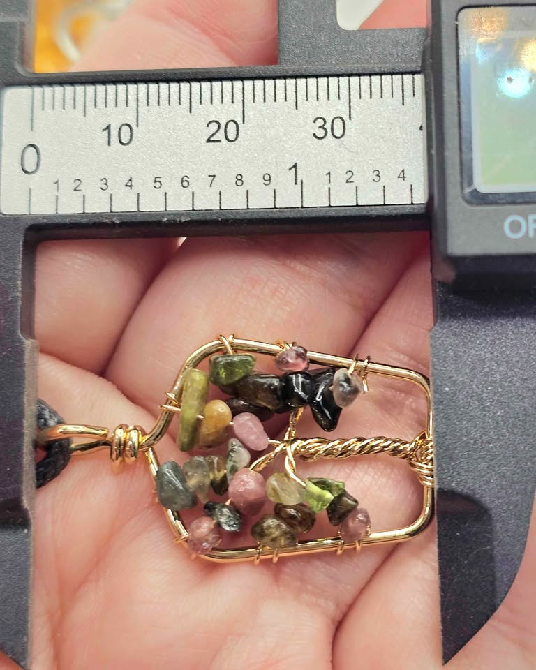 Hand‑crafted tourmaline crystal tree pendant with mixed‑color gemstone chips in a gold‑tone frame - My Aura Gemstones