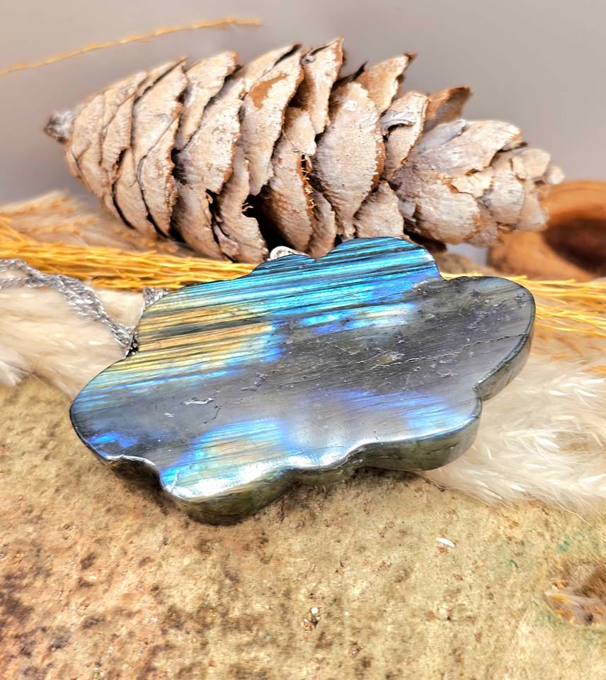 Labradorite carved flashy lotus pendant necklace alternate angle — My Aura Gemstones