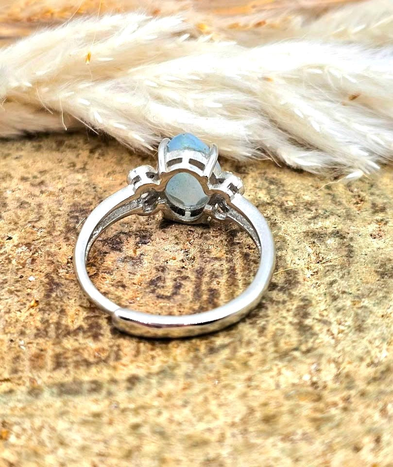 Natural translucent blue kyanite teardrop ring with clear quartz mix and adjustable rhinestone‑stacked band. My Aura Gemstones