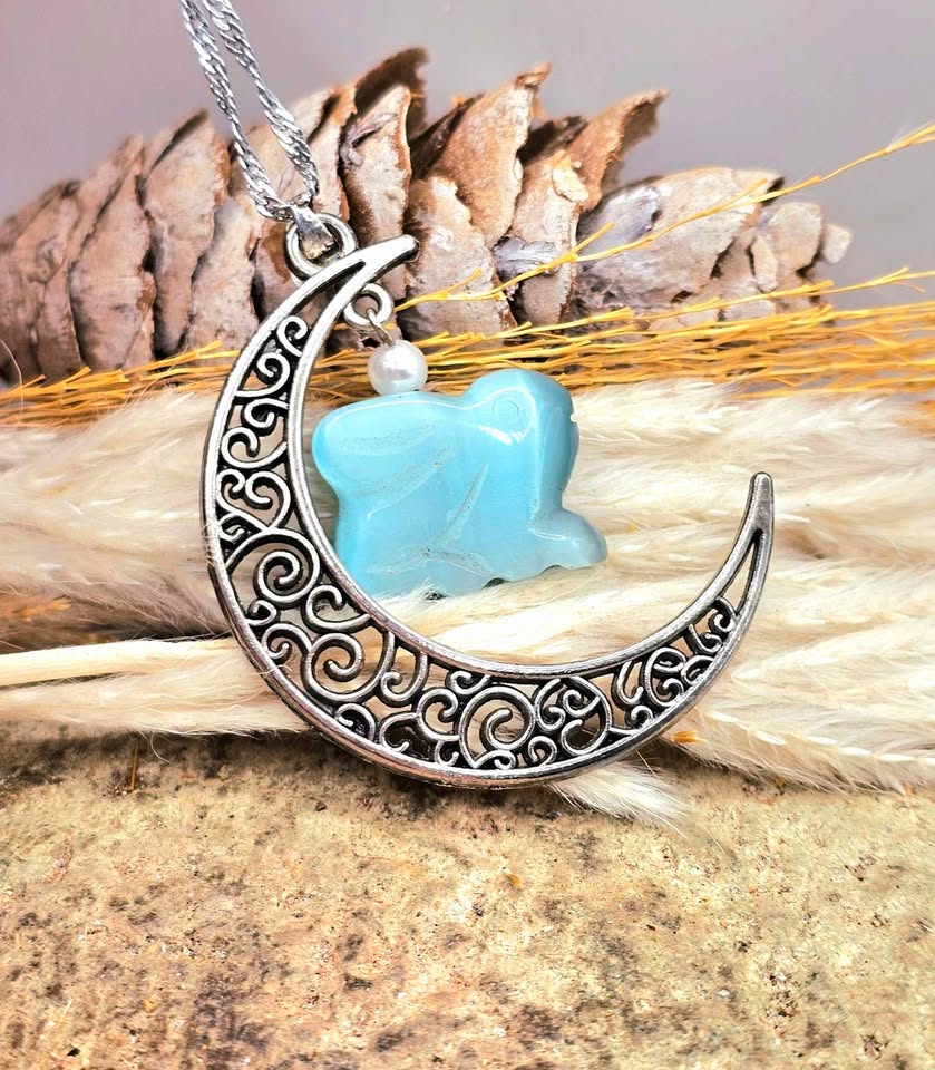 Beautiful hanging cat eye stone rabbit with moon crystal pendant necklace — My Aura Gemstones