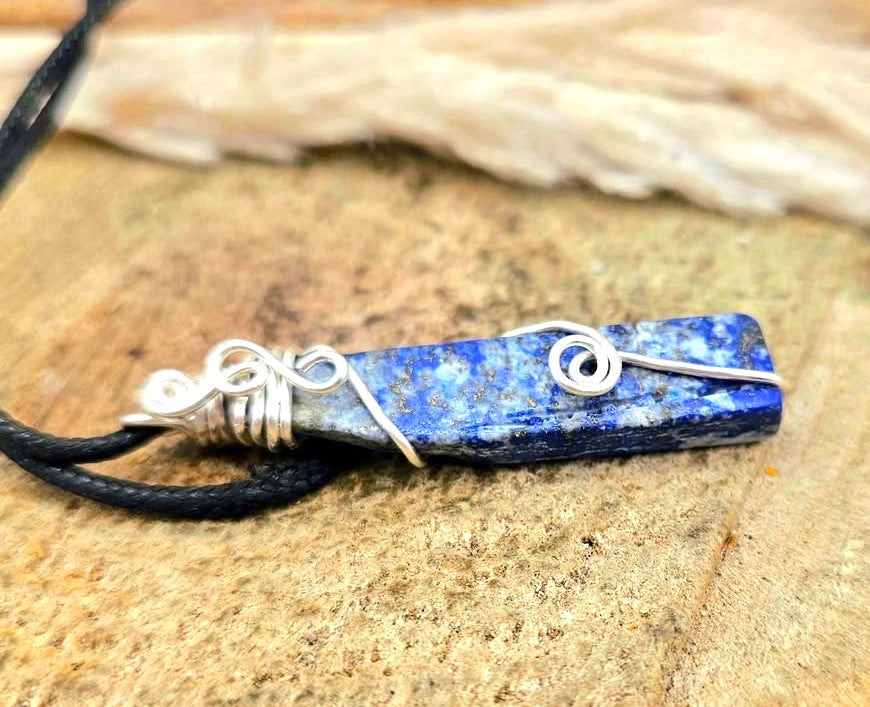 Natural lapis lazuli bar pendant with blue, grey, and gold pyrite tones, wrapped in handcrafted silver wire, 2.1-inch gemstone necklace -My Aura Gemstones 