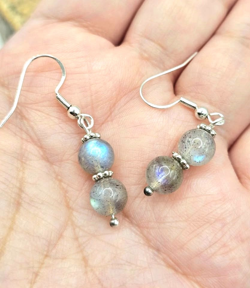 Natural labradorite flashy double round beads 925 dangle crystal earring — My Aura Gemstones
