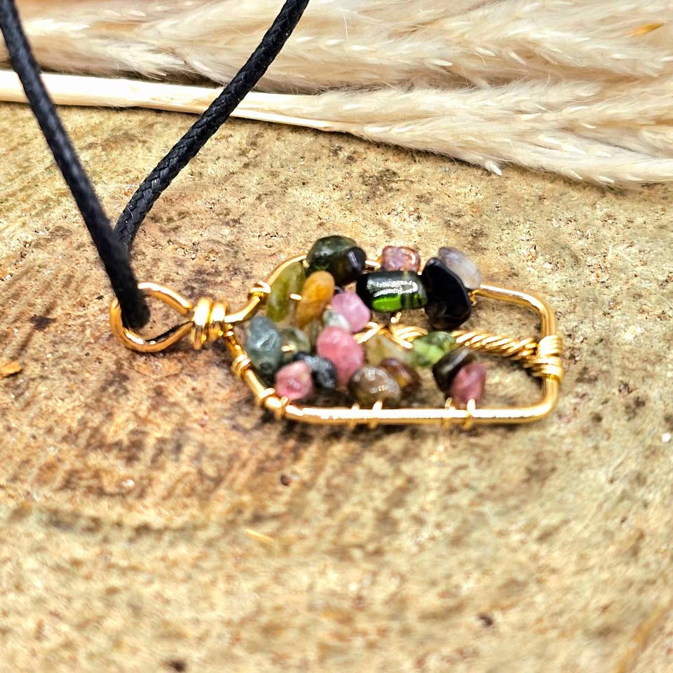 Hand‑crafted tourmaline crystal tree pendant with mixed‑color gemstone chips in a gold‑tone frame - My Aura Gemstones