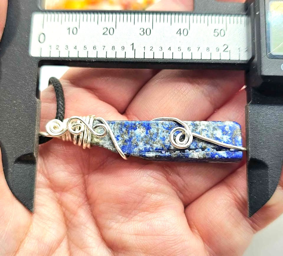 Natural lapis lazuli bar pendant with blue, grey, and gold pyrite tones, wrapped in handcrafted silver wire, 2.1-inch gemstone necklace -My Aura Gemstones 