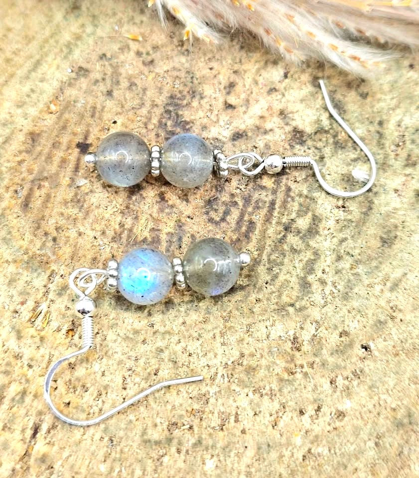Natural labradorite flashy double round beads 925 dangle crystal earring — My Aura Gemstones